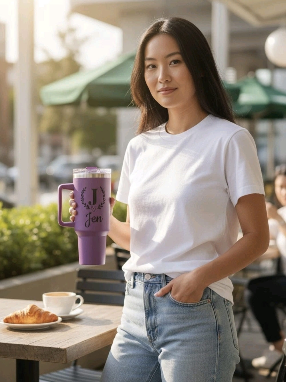 Purple 40oz Insulated Tumbler w Handle Personalized “Jen” Initial J Cup - Picture 11 of 11